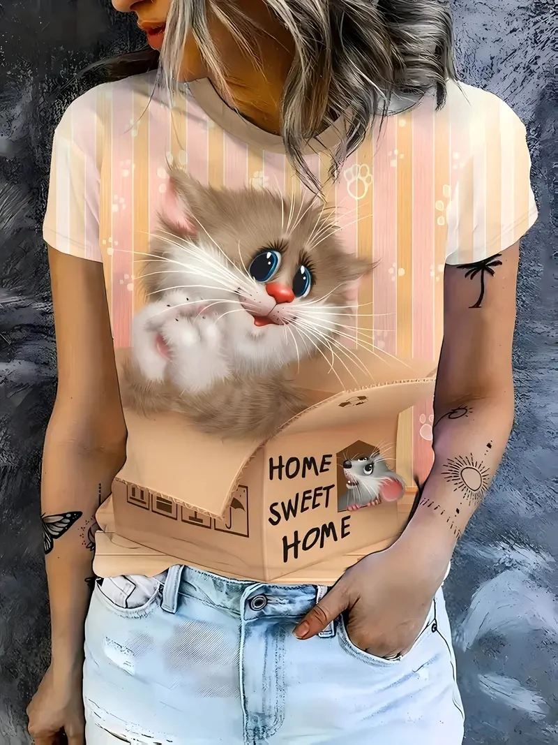 T-shirt girocollo da donna T-shirt estiva moda casual top a maniche corte stampa gatto 3D modello animale Abbigliamento donna di grandi dimensioni