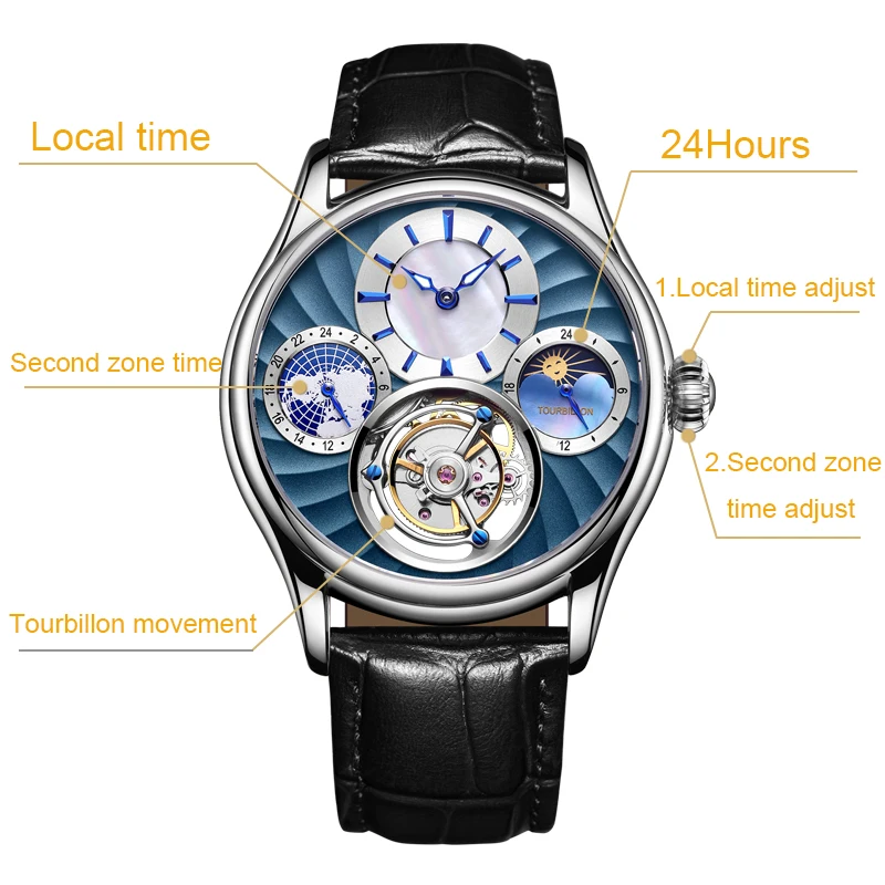 AESOP Men Mechanical  WristWatches Real Tourbillon Male Skeleton Sapphire Crystal 100m Waterproof Moon Phase Multiple Time Zone