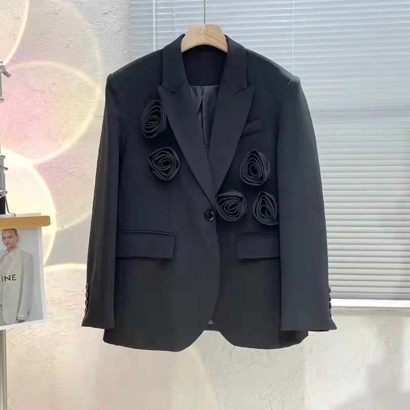 Blazer de flores tridimensional con costuras para mujer, traje negro