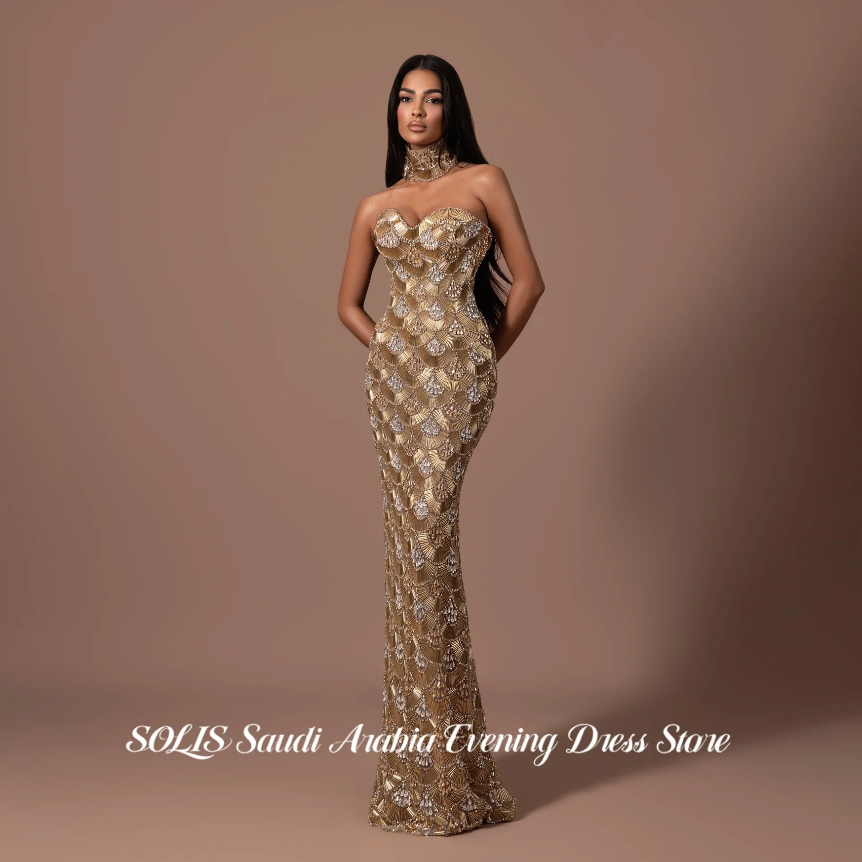 SOLIS Gold Strapless Mermaid Prom Dress All Over Hand-Stitched Gold Beaded Mesh Evening Dresses Luxury Party Dress Customized