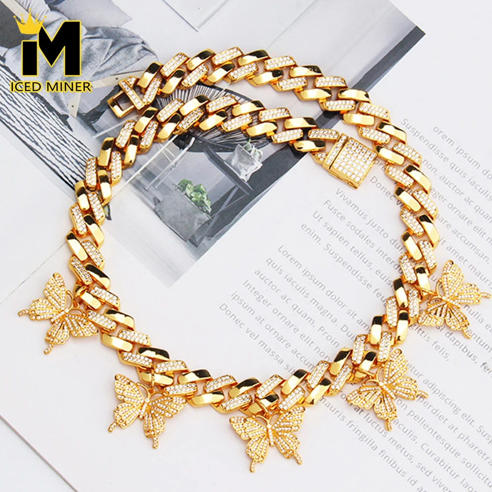 Bling Butterfly Cuban Link Chain Necklaces For Men Zircon Iced Out Necklace Miami Choker Women Hip Hop Jewelry Free Shipping