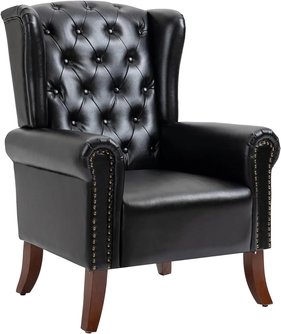 Upholstered Arm Chair with Sturdy Wooden Legs, Faux Leather Club Chair for Bedroom Study Home Office Reception (Black)