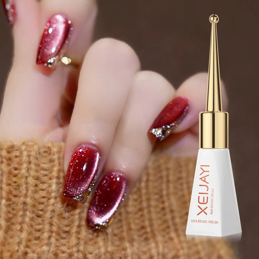 

10ml 0.34oz Cherry Ruby Red Magnetic Gel Nail Polish Winter Red Glitter Cat Eye Nail Polish Semi-Permanent Soak-Off UV Nail Gel