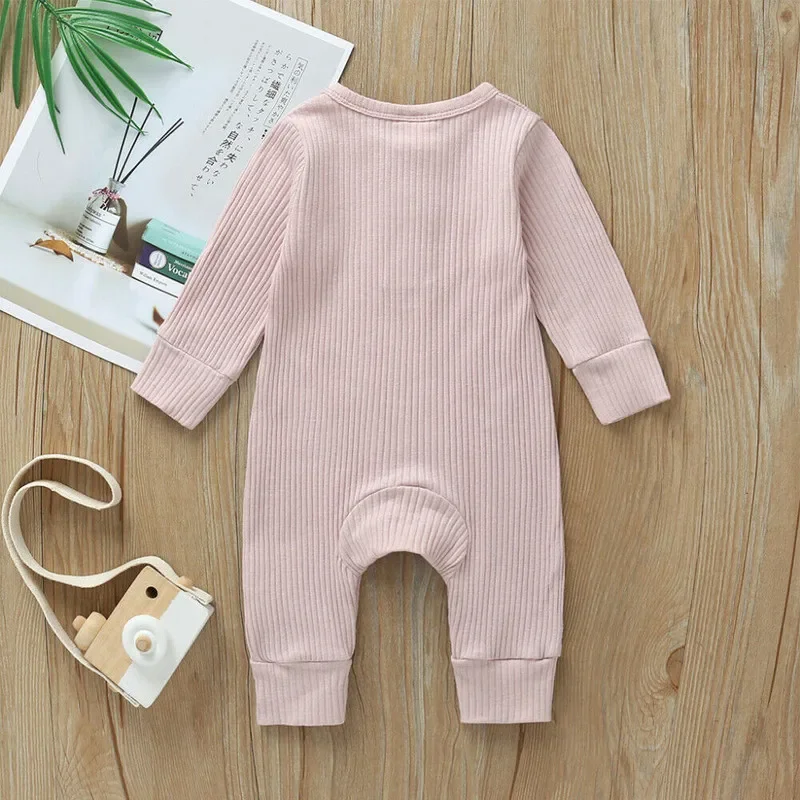 Newborn Baby Girl Boy Knit Ribbed Romper Autumn Clothes Button Solid Color Long Sleeve Jumpsuit for Kids Baby Items Clothing