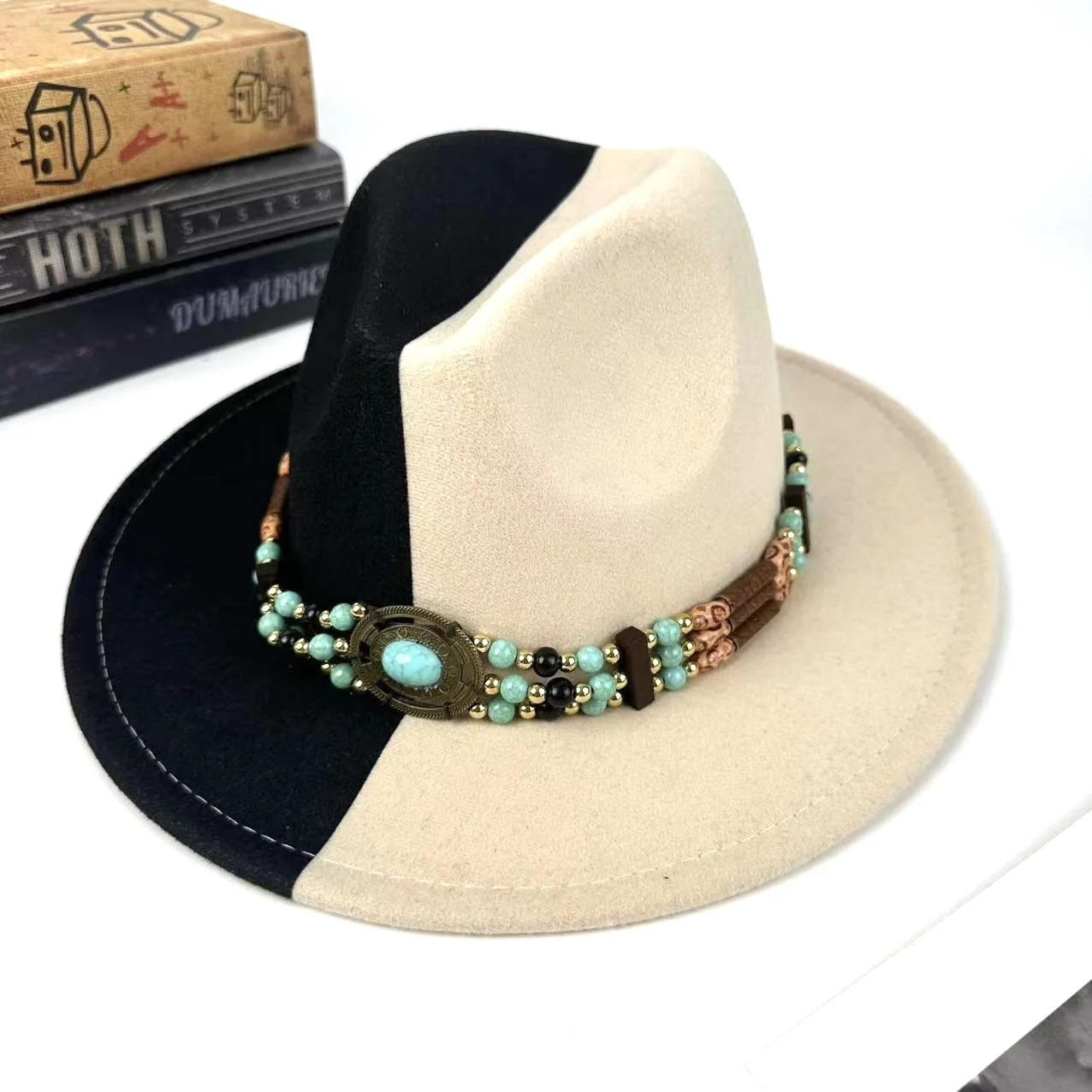 

Top women's literary retro ethnic style jazz retro decorative lace-up men's denim hat