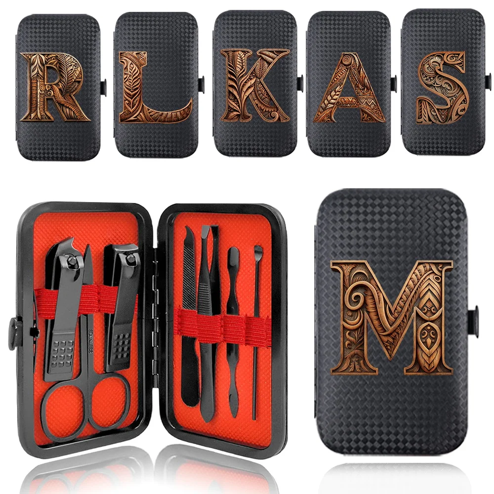 

7Pcs Stainless Steel Manicure Set Organizer Nail Clipper Kit Portable Case Pocket Grooming Pedicure Tool Wood Art Letter Pattern