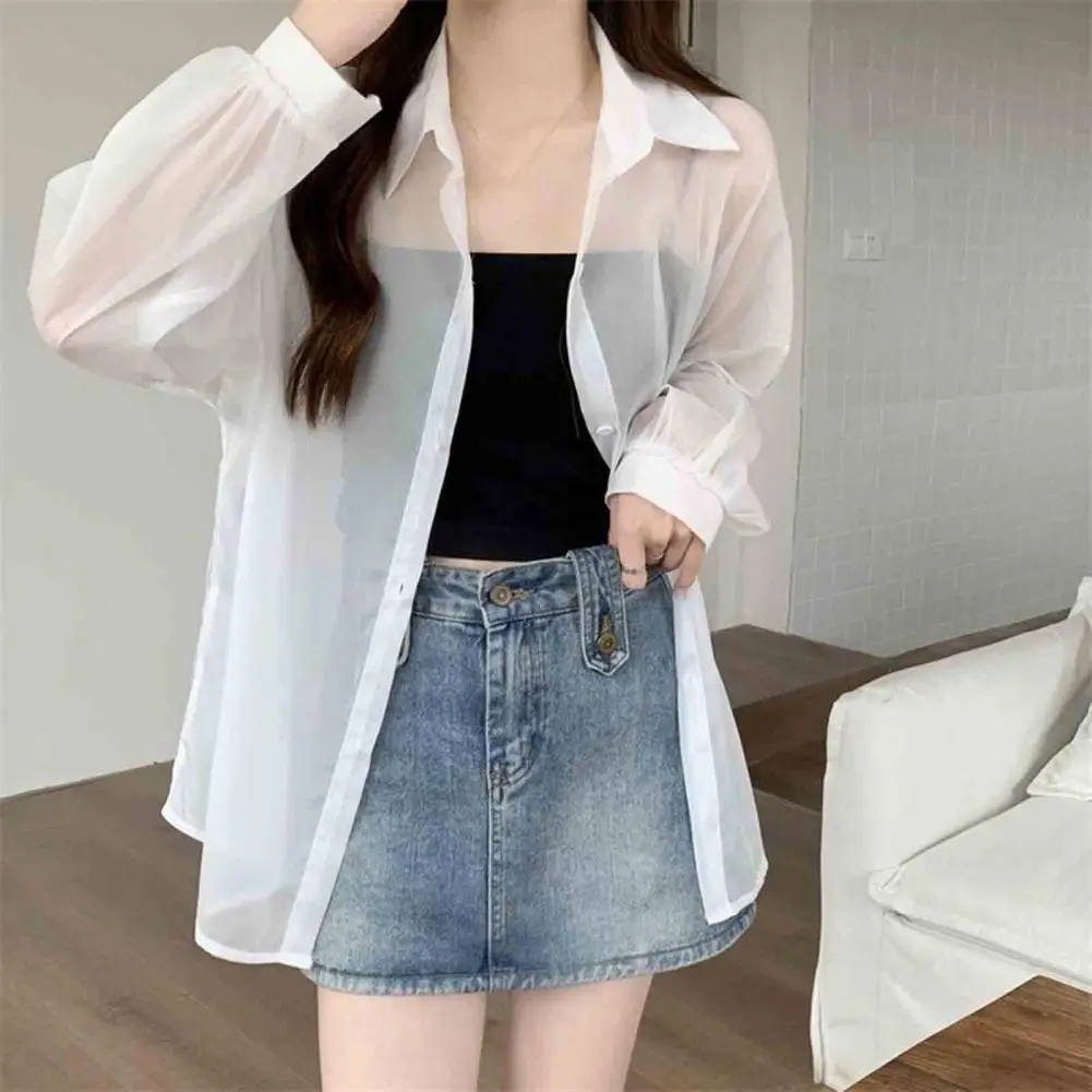 

Women Regular Fit Shirt Stylish Women's Chiffon Shirt Lapel Long Sleeve Solid Color Thin Sun Screen for Office Parties Daily