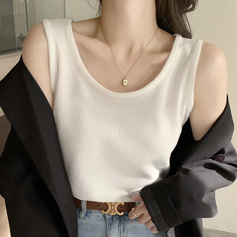 Women's Summer White Camisole Loose Fit Layering Black Waffle Knit Sleeveless Versatile Top