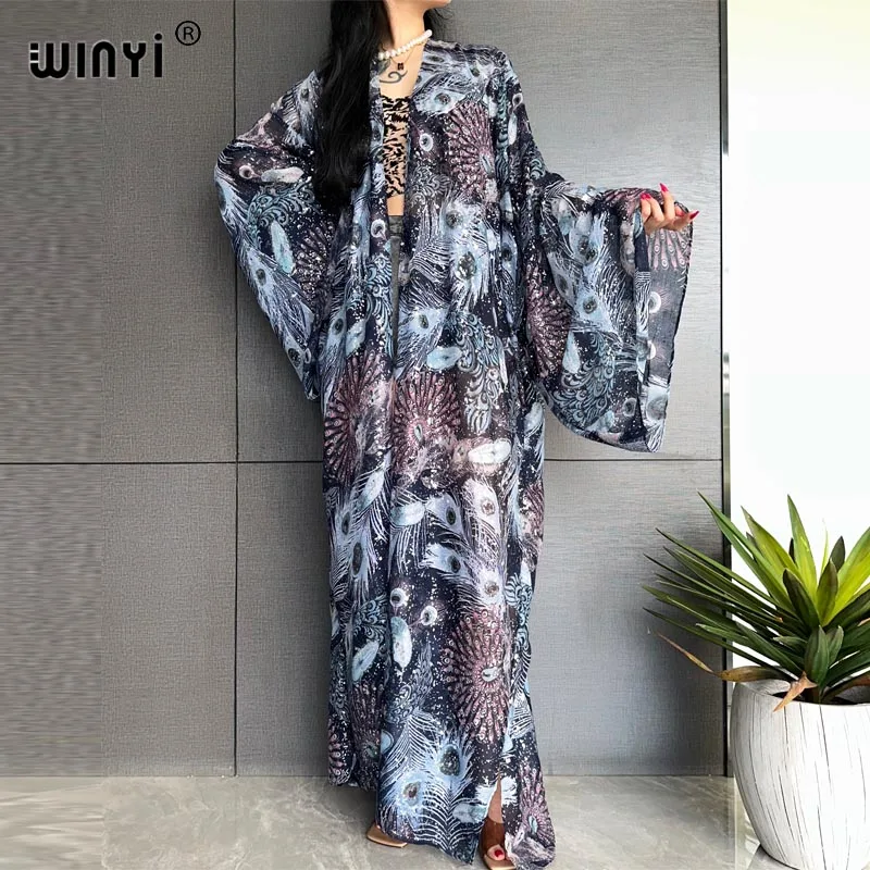 WINYI Africa z nadrukiem rozlanego atramentu brązujący nadruk z piór kobiety luźna sukienka impreza Boho Maxi wakacje na plaży futerał do pływania się Kimono