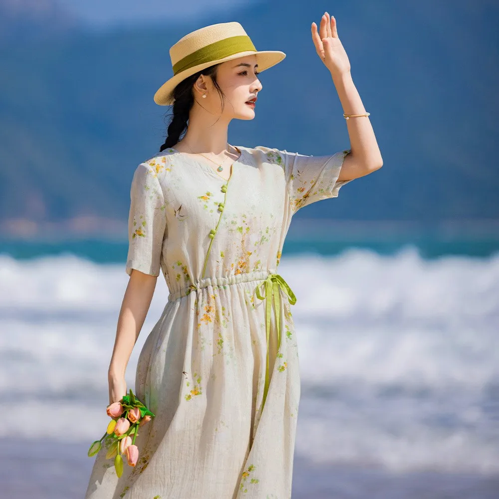 2024 Estate Nuovo Retro A Vita Alta Stampa di Canapa Dr Or Sve Con Cintura Artistica delle Donne Faionable Casual Busin Home Wear