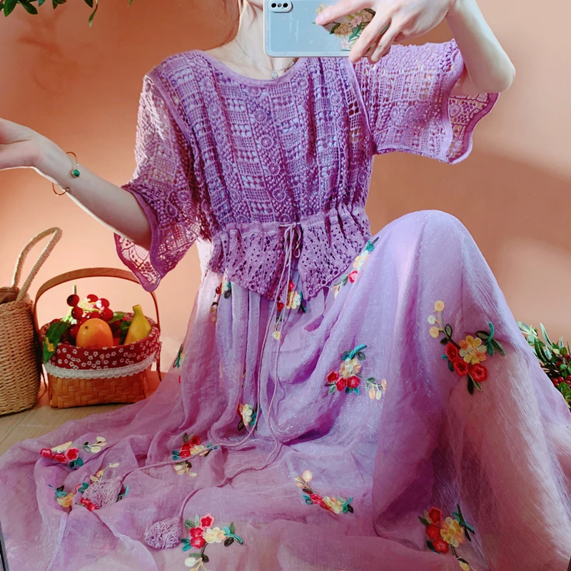 

TIYIHAILEY Summer Women Embroidery Chiffon Dress With Lining Half Sleeve Long Mid-Calf Ladies Loose A-line Purple Fake 2 Pcs