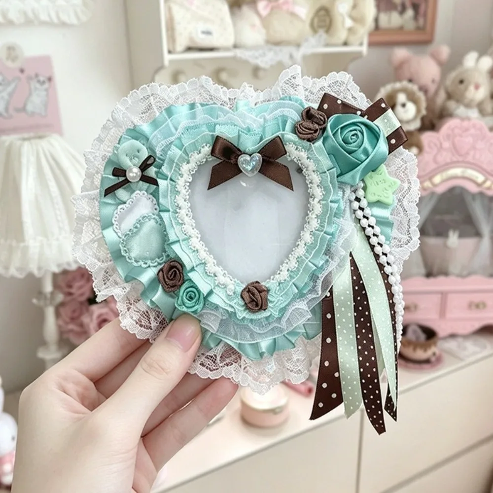 Portable Handmade Heart Badge Holder Heart Shape Lace Bow Card Holder DIY Photo Display Bag Decoration For Idol Fans