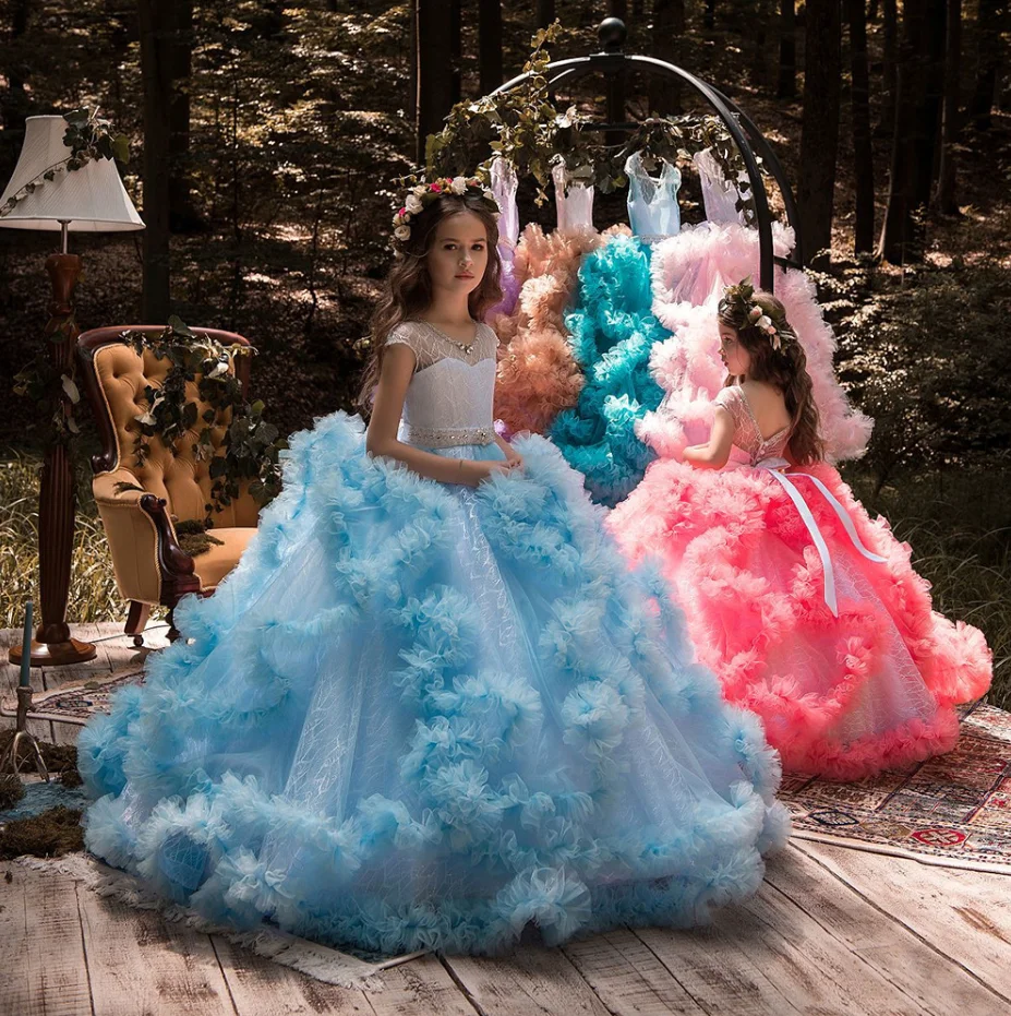 New Puffy Cloud Tulle Flower Girls Dresses for Wedding Children Birthday Party Dress Ball Gown Girls First Communion Dress