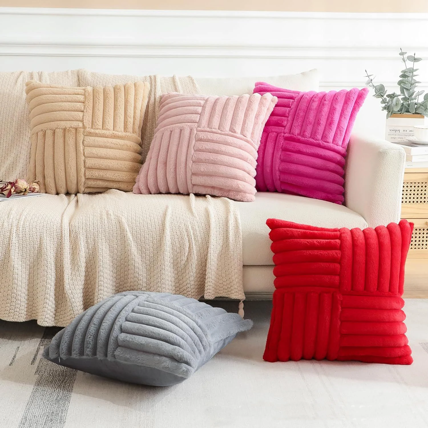 2pcs Faux Rabbit Fur Throw Pillow Cover Striped Soft Plush Square Cushion Cases Decorative Pillow Shells for Couch Living Room