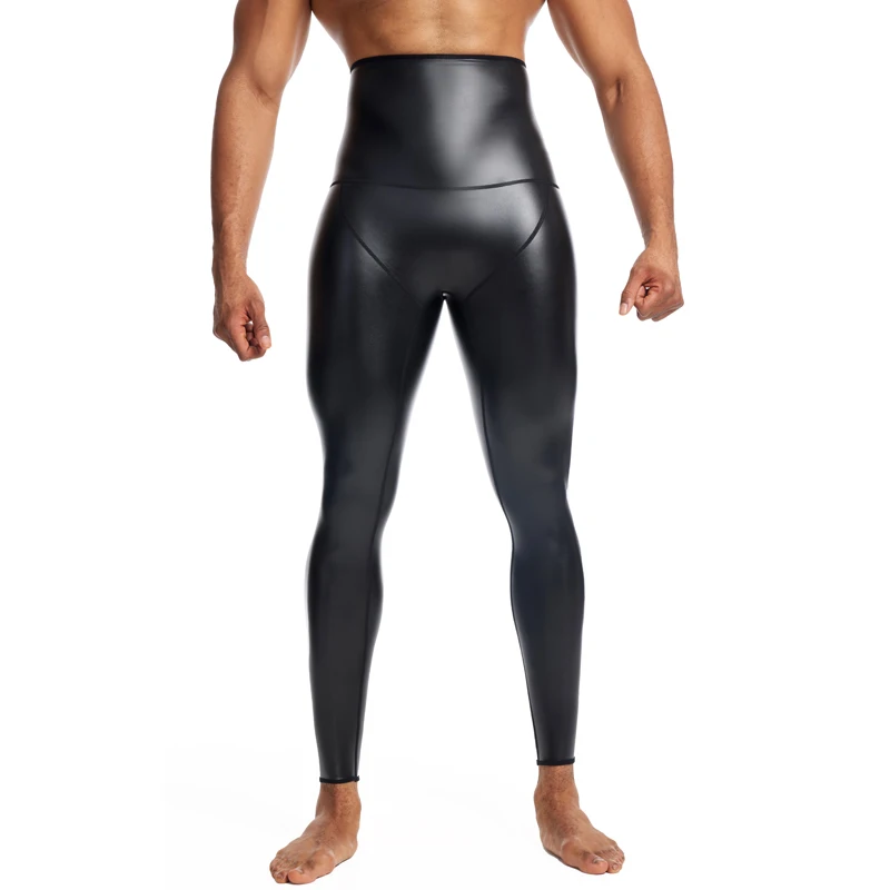 Mens Black High Waist Body Shaper Leather Pants Waist Trainer Shapers Control Panties Compression Underwear Fitness Shaper Pants