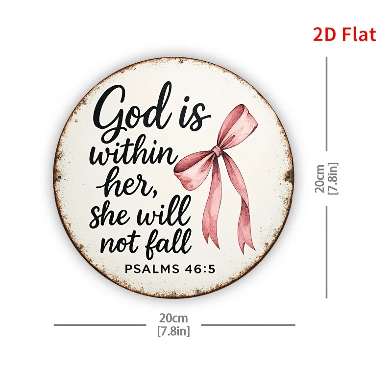 2D Flat - [2D Flat]1pc 8 X 8Inch (20 X 20Cm) Exquisite Metal Poster. Pink Bow & Inspirational Bible Verse God Is Within Her, She