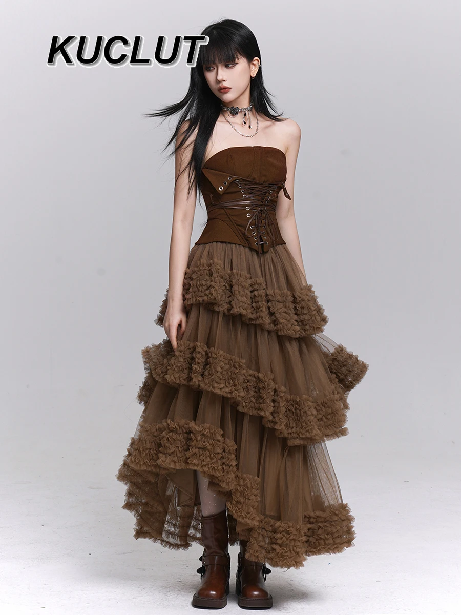 

Puffy Cake Long Skirt Punk Y2k Style Birthday Party Solid Color Simple Fashion Autumn Winter High Waist Casual Skirts Women