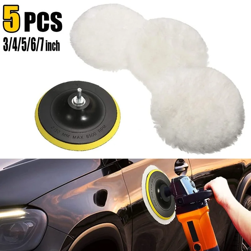 5Pcs Car Polishing Pad Set Wool Buffing Wheel Tool 3/4/5/6/7 Inch Drill Polish Disc Kit for Car Polisher Auto Paint Waxing Care