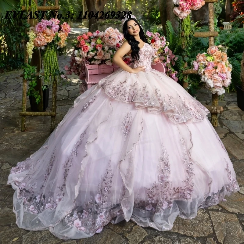 

EVLAST Customized 2025 Light Pink Quinceanera Dress Ball Gown Lace Applique Beading Tiered Sweet 16 Vestidos De 15 Anos E3Q700