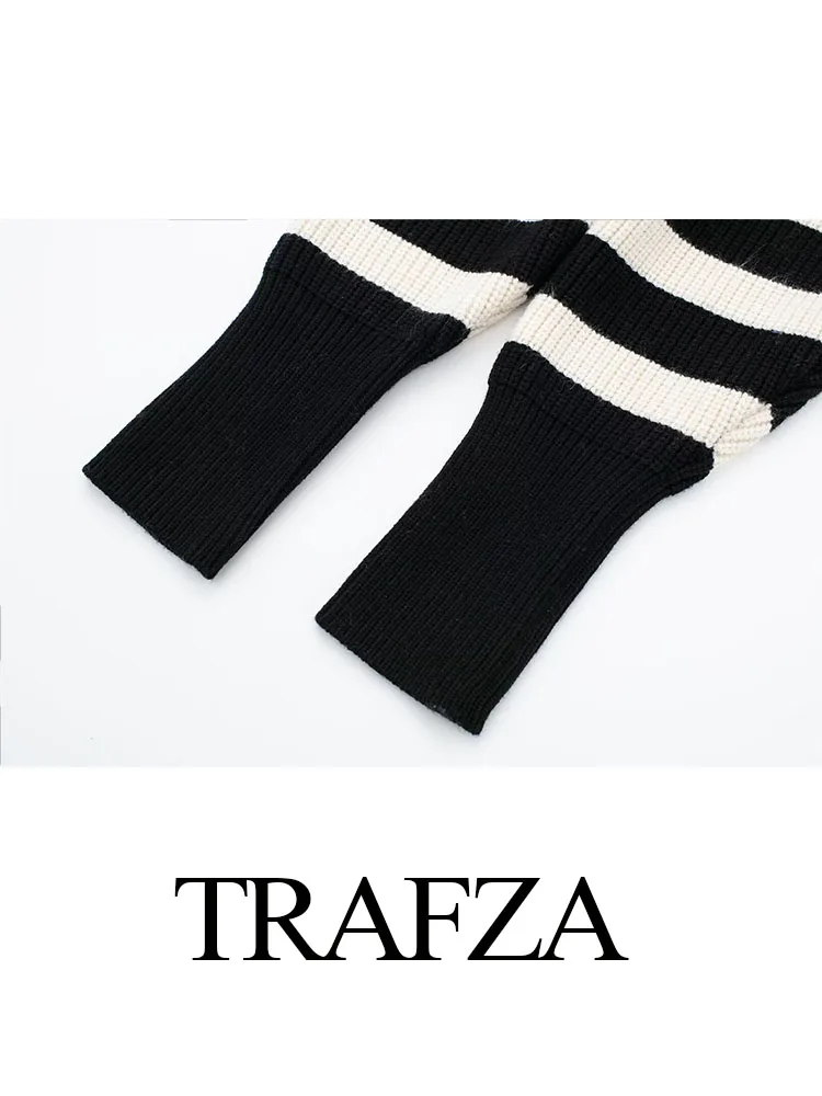 TRAFZA-Pull à Rayures Blanches et Noires pour Femme, Col Rabattu, Manches sulf, Fermeture Éclair, Décontracté, à la Mode, Printemps