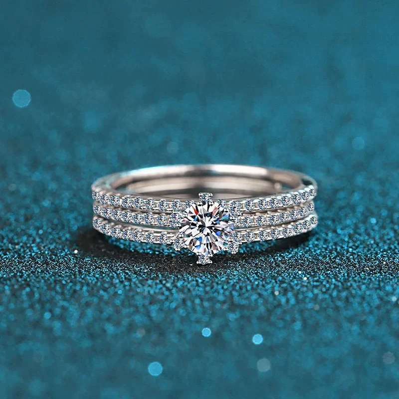 18K Gold New Pt950 Platinum Women's 50 Point Moissanite Ring, One Row of Three Interchangeable Rings To Give To Girlfriend