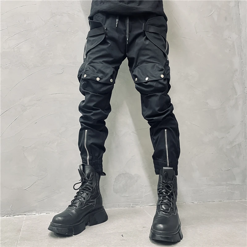 Calças de bolso preto com zíper para homens e mulheres, calça casual tapada, moda motociclista, estilo avant-garde techwear