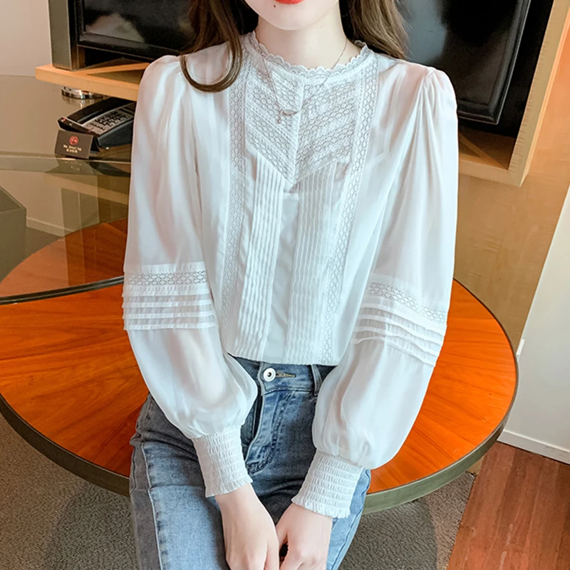 Malha transparente oco para fora camisas ol feminino lanterna manga blusa branca feminina 2025 nova primavera outono elegante camisas de renda feminina