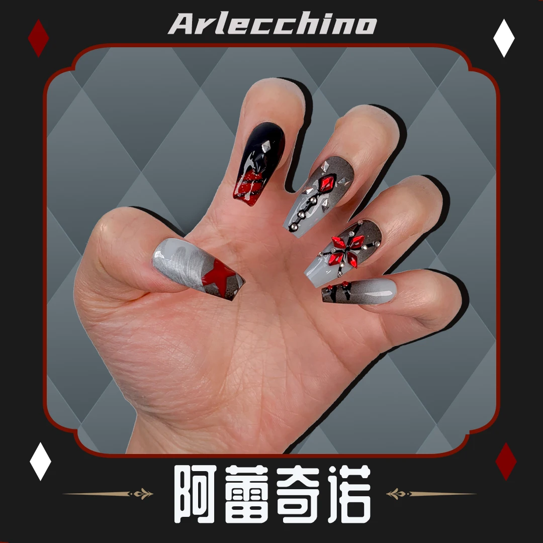 أنيمي جينشين تأثير Arlecchino تأثيري اليدوية الصحافة على الأظافر الكرتون رسمت باليد التصحيح يمكن ارتداؤها درع مسمار تلميح هدية