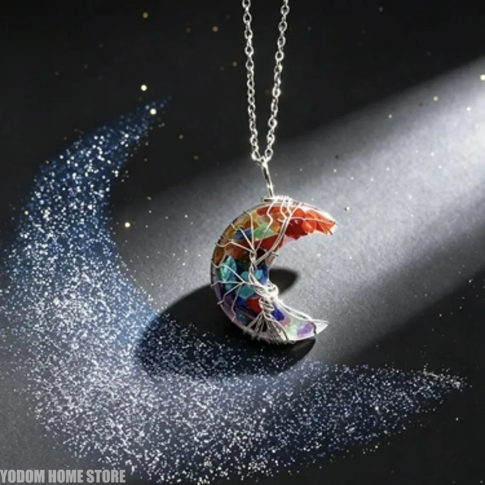 Healing Resin Faux Quartz Necklace Tree of Life Wire Wrapped Crescent Moon Pendant Jewelry