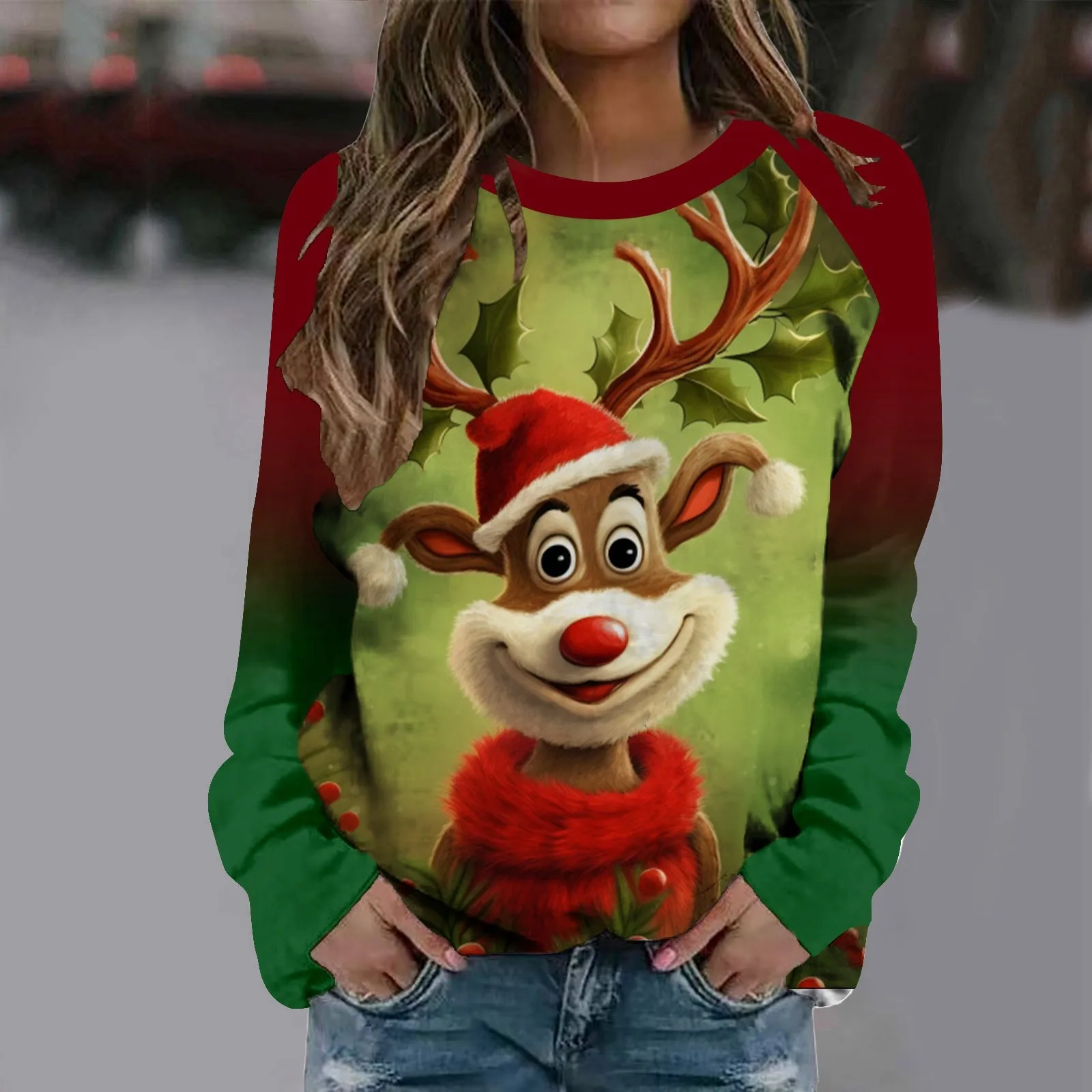 

Autumn Winter Christmas Sweatshirt Vintage Elegant Tops Ladies Round Neck Animal Printed Long Sleeve Street Snowman T-shirt