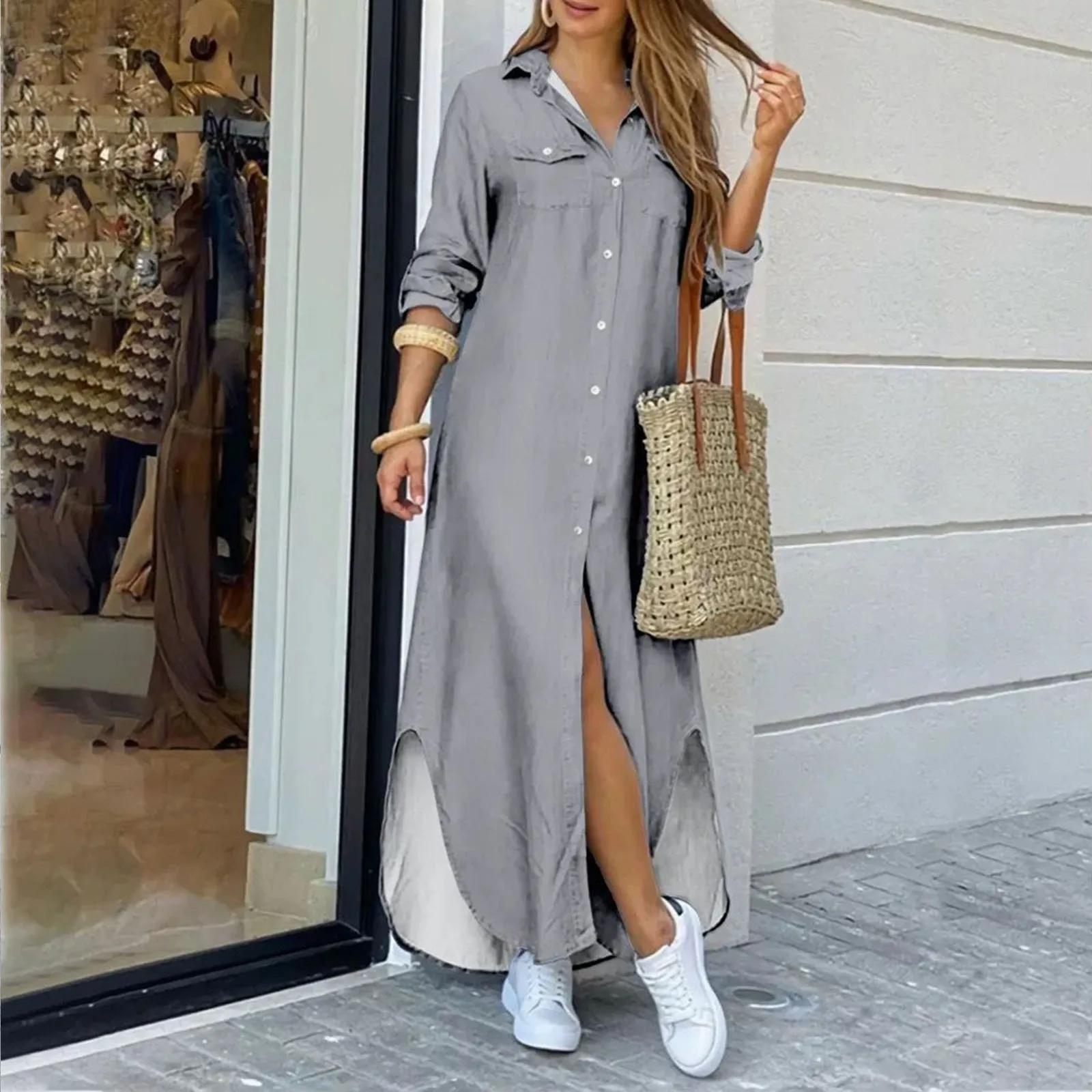 

Casual Long Shirt Dress Spring Women Long Sleeve Maxi Dresses Laides Turn-down Collar Office Dresses Loose Sundress Robe Longue