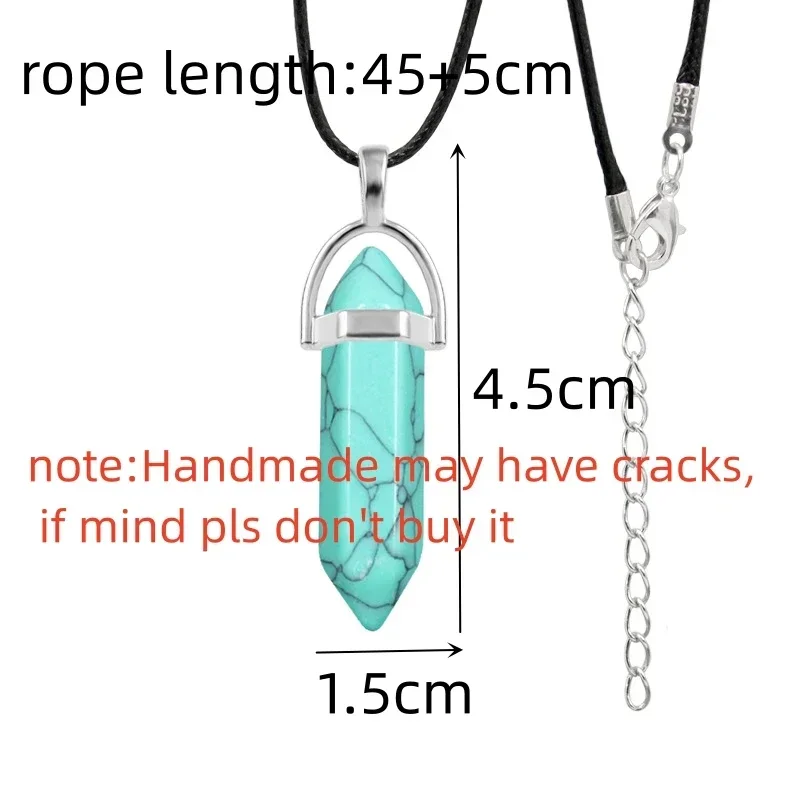 Natural Stone Pendant Necklace Women PU Leather Glass Hexagonal Column Pointed Reiki Chakra Lapis Opal Chunky Jewelry