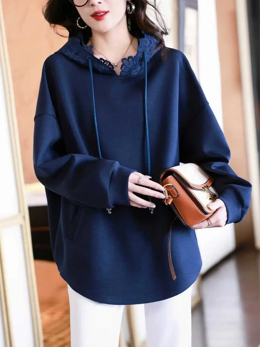 plus Size Lace Hoodie Long Sleeve Base Layer Outerwear Top Women's Casual Style  Color Loose Fit Daily Wear Coat