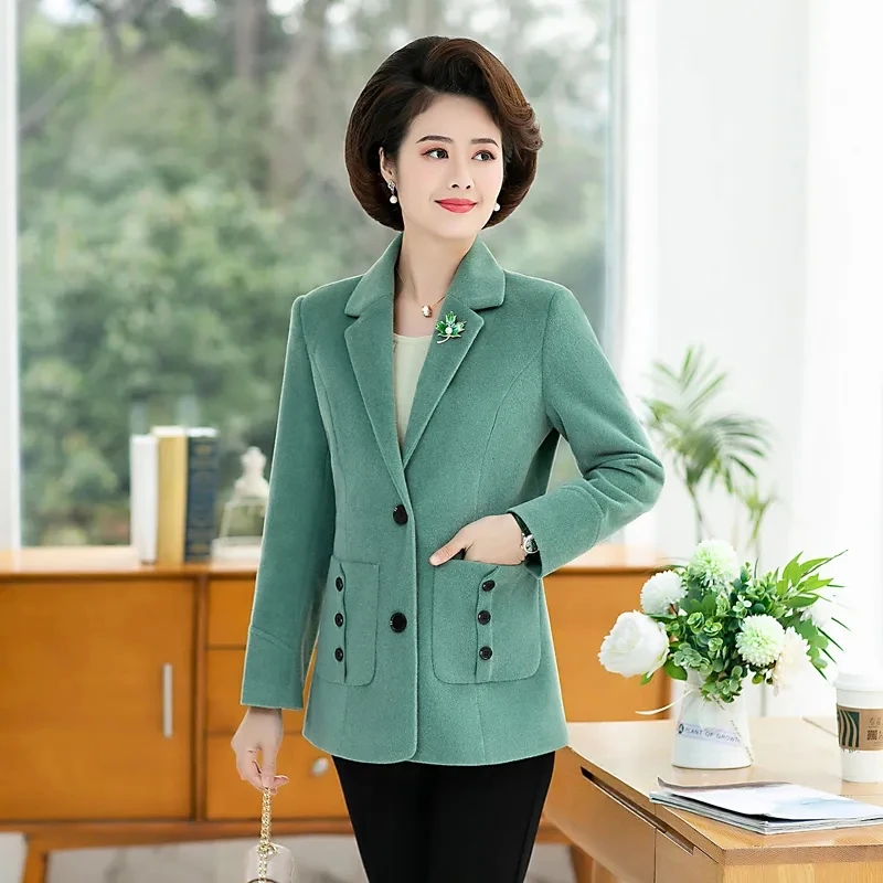 Middle Aged Mother\'s Woolen Coat Spring Fall Casual Suit Collar Wool Jacket Fashion Faux Double-sided Blend Wool Blazer Overcoat