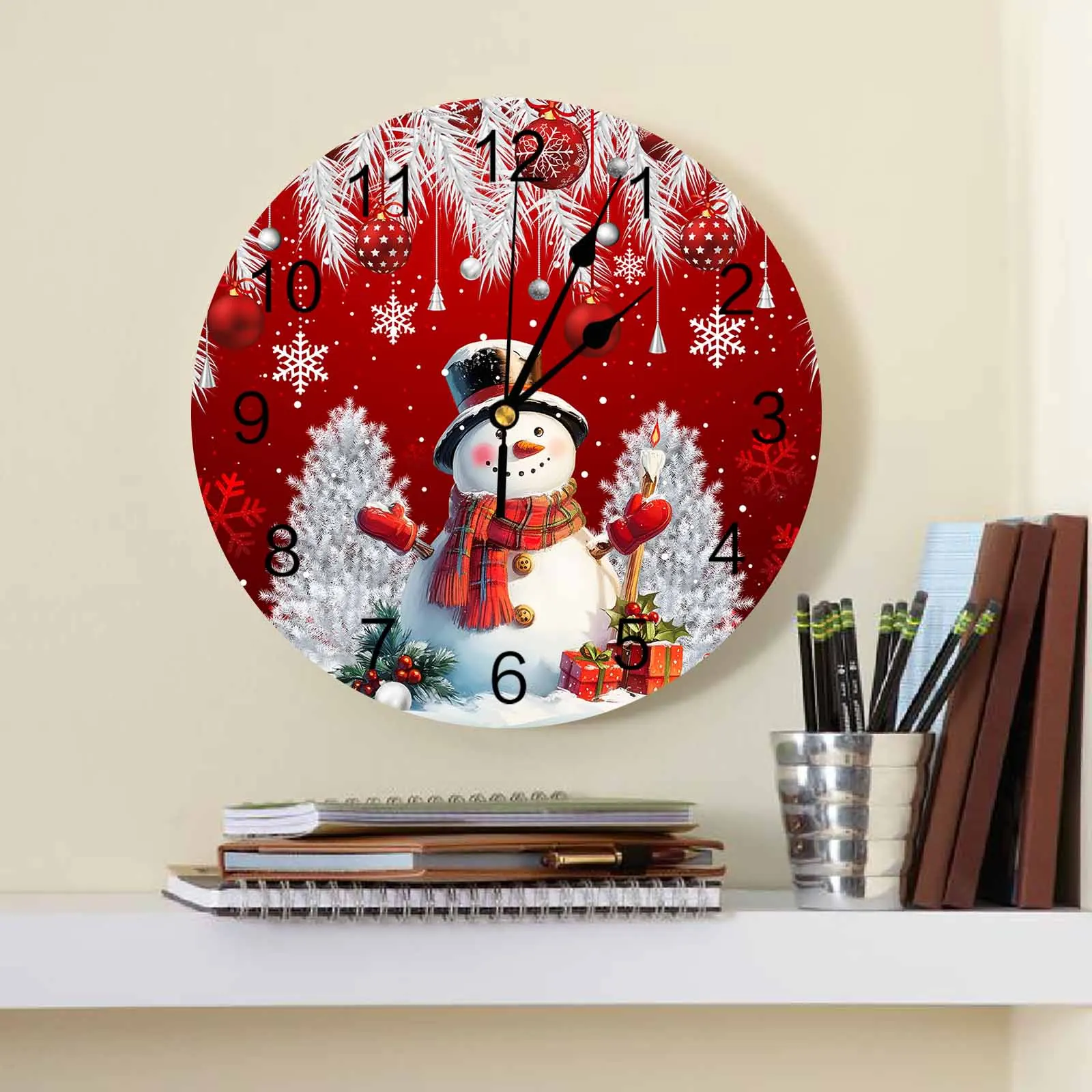 Christmas Snowman Silver Pine Leaf Ball Wall Clock Large Modern Kitchen Dinning Round Wall Clocks Watches Living Room