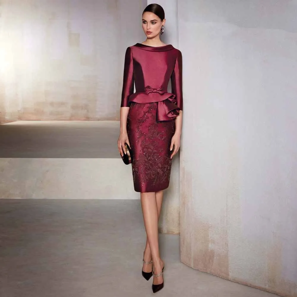 Detail Guest Wedding Party Dresses Satin Sheath/Column Mother of the Bride Dress Burgundy O-Neck Bow Ruffles Lace Prom Dress