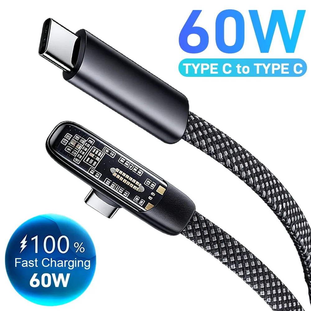 60W Fast Charging Cable with Type C To Type C 90 Degree USB C Data Line Flat-cable Wire for Iphone 17 16 Samsung Xiaomi Huawei