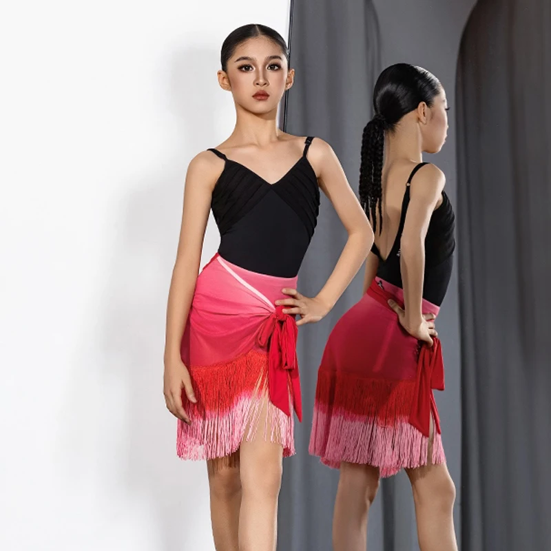 

Summer Kids Chacha Rumba Latin Practice Clothes Girls Latin Dance Performance Costumes Sleeveless Vest Tassels Skirts DQS20032