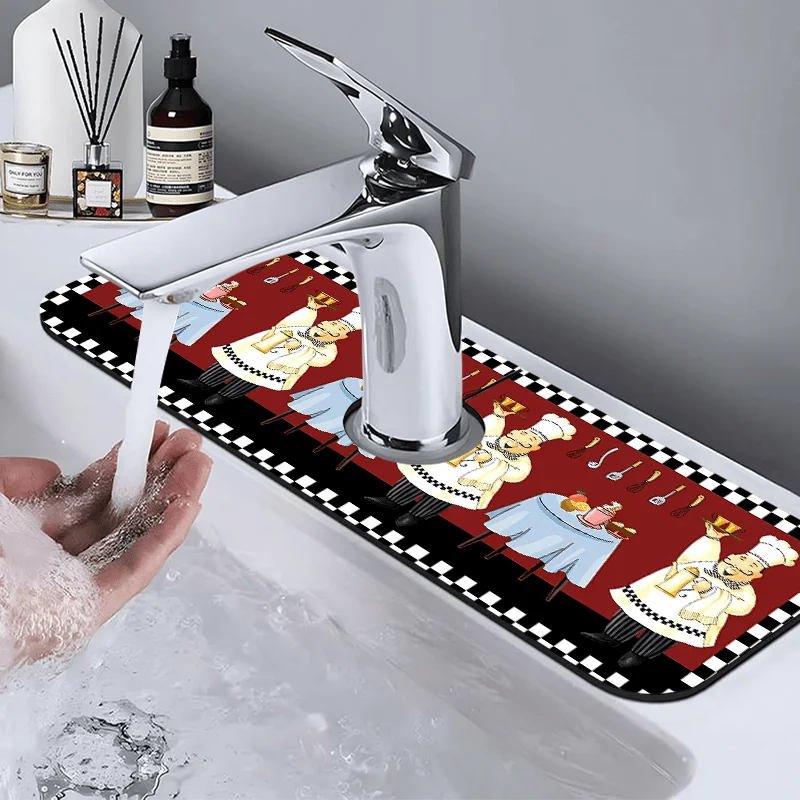 VIKAMA Chef Kitchen Sink Mat Fat Chef Checkered Absorbent Drying Mat Non Slip For Kitchen Counter Dining Room Home Decor