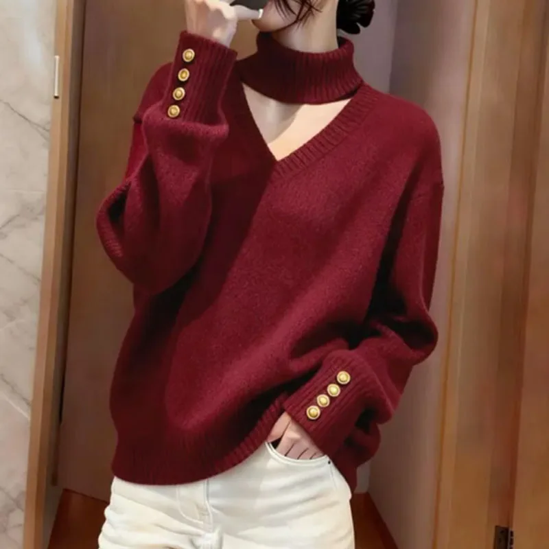 

Women Clothing Mock Neck Hollow Out Knitted Sweater Women Pullovers New Long Sleeve Black Knit Sweater Pullover Women Tops Q2397