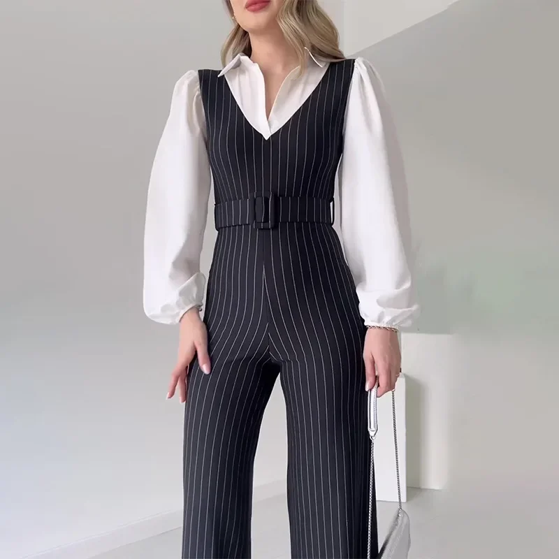 Vrouwen Jumpsuits Gestreepte Kraagvorm Hoge Taille Riem Rompertjes Elegante Eendelige Overalls Uitloper Rechte Speelpakjes