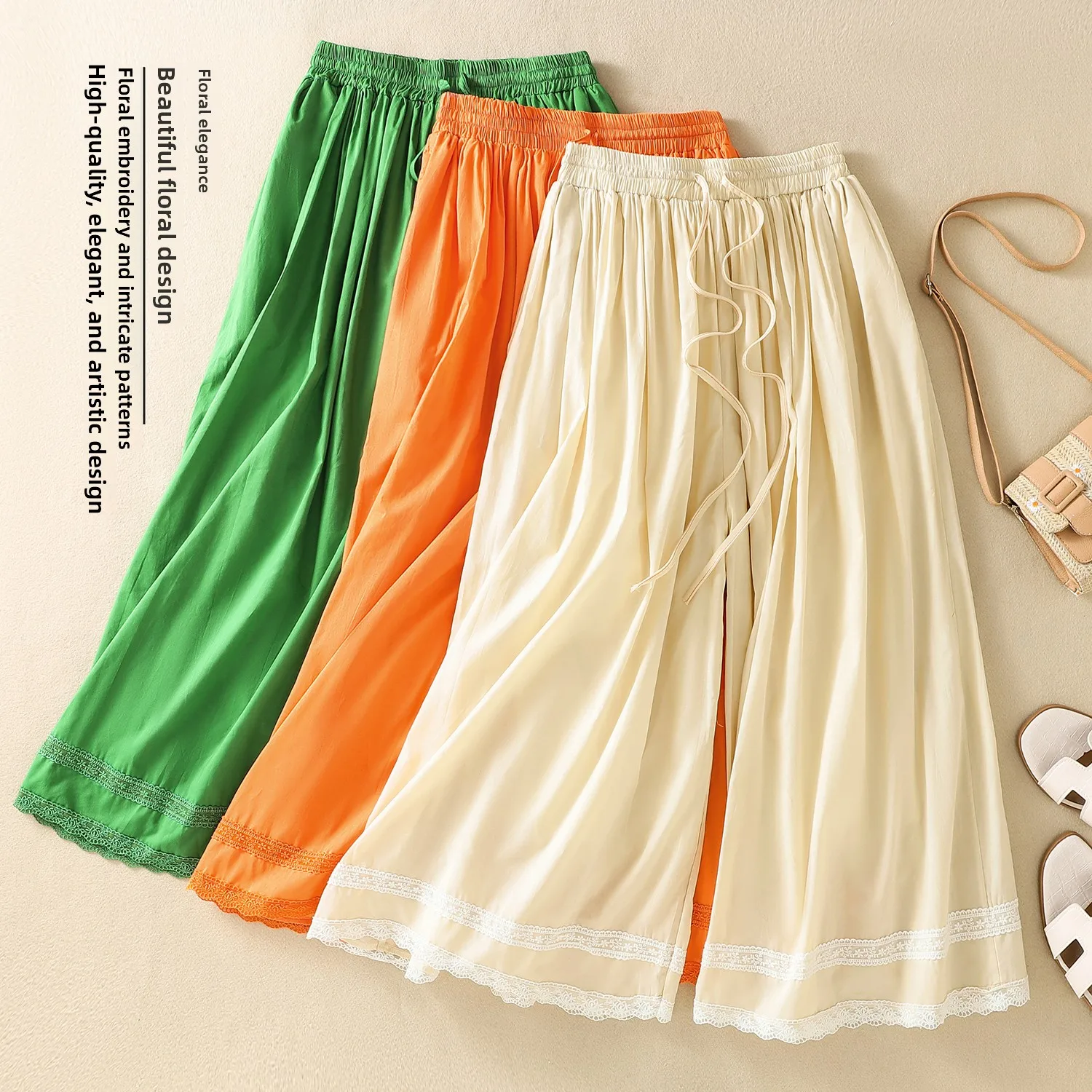 Loose Wide Leg Pants Ruffle Hem Elastic Waist Nine Points Candy Color Drawstring Long Thinming Pants Quality Cotton Trousers