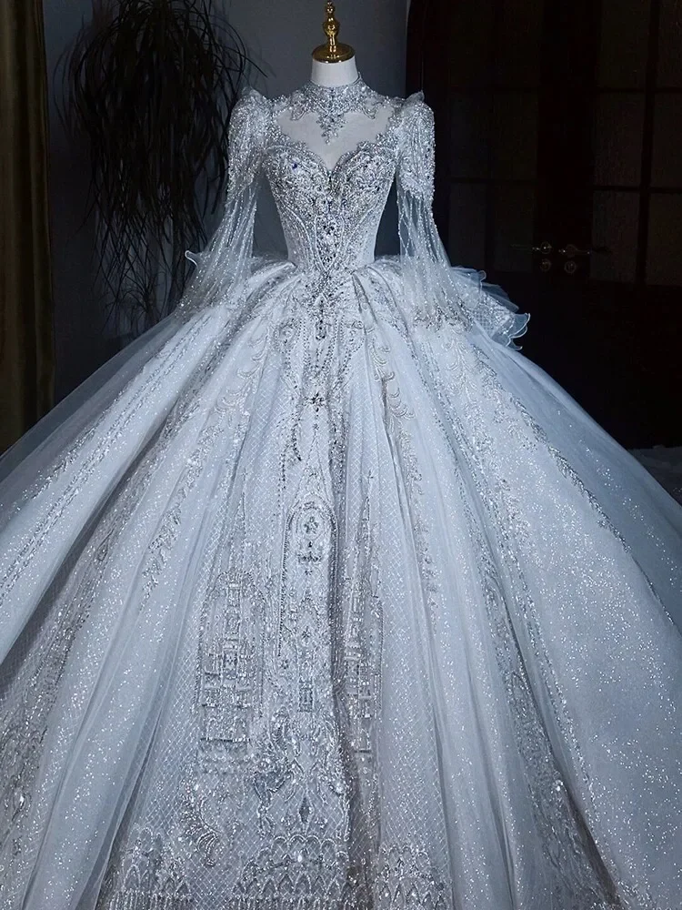 Luxury Sparkling Wedding Ball Dress Heavy duty Crystal Beads Long Sleeve Princess Bridal Dress Dubai Bridal Dress Customized