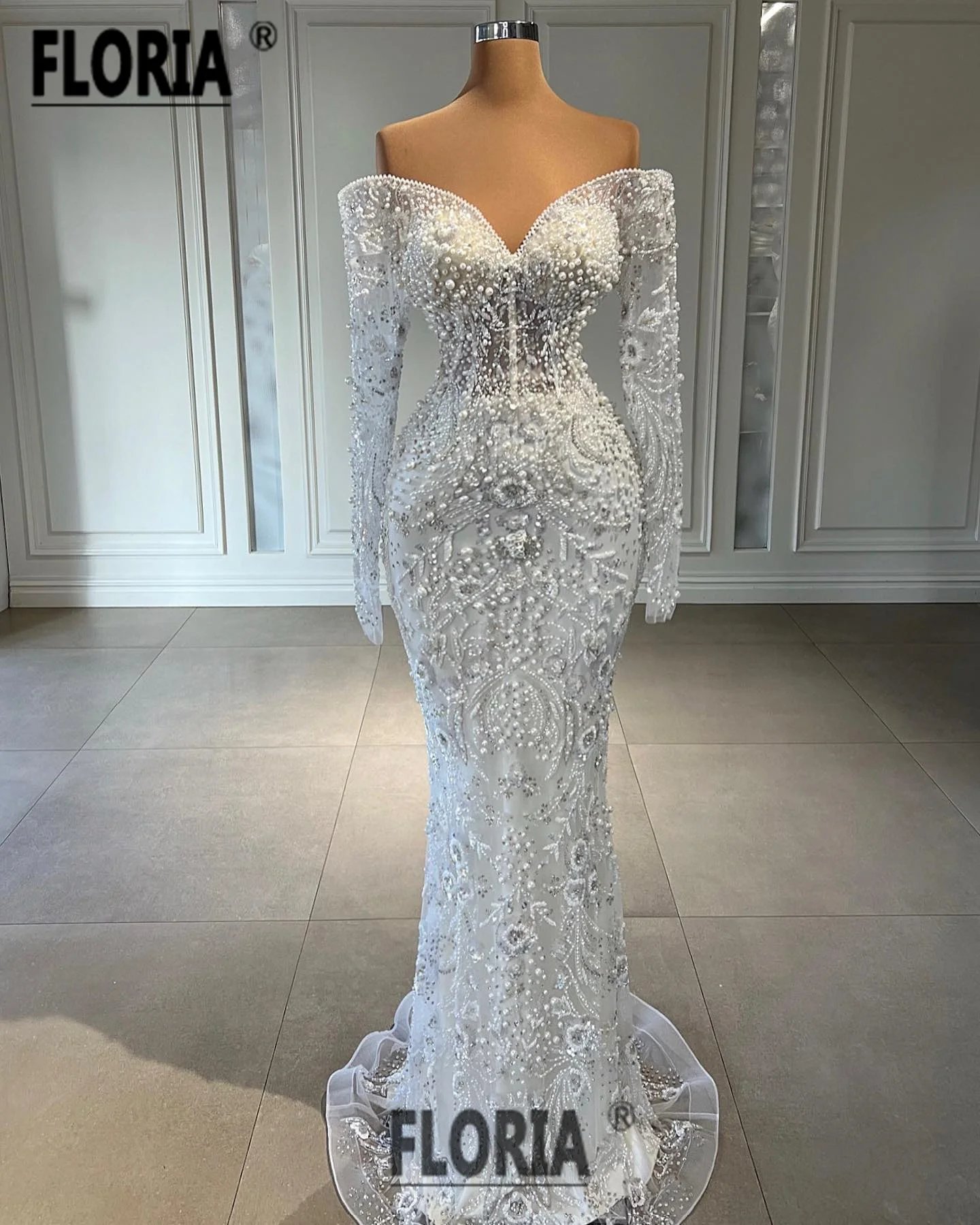 Gorgeous Dubai Mermaid Formal Evening Dresses Major Pearls Beaded Lace Wedding Party Gowns Arabic Prom Dress 2023 Robe De Soiree