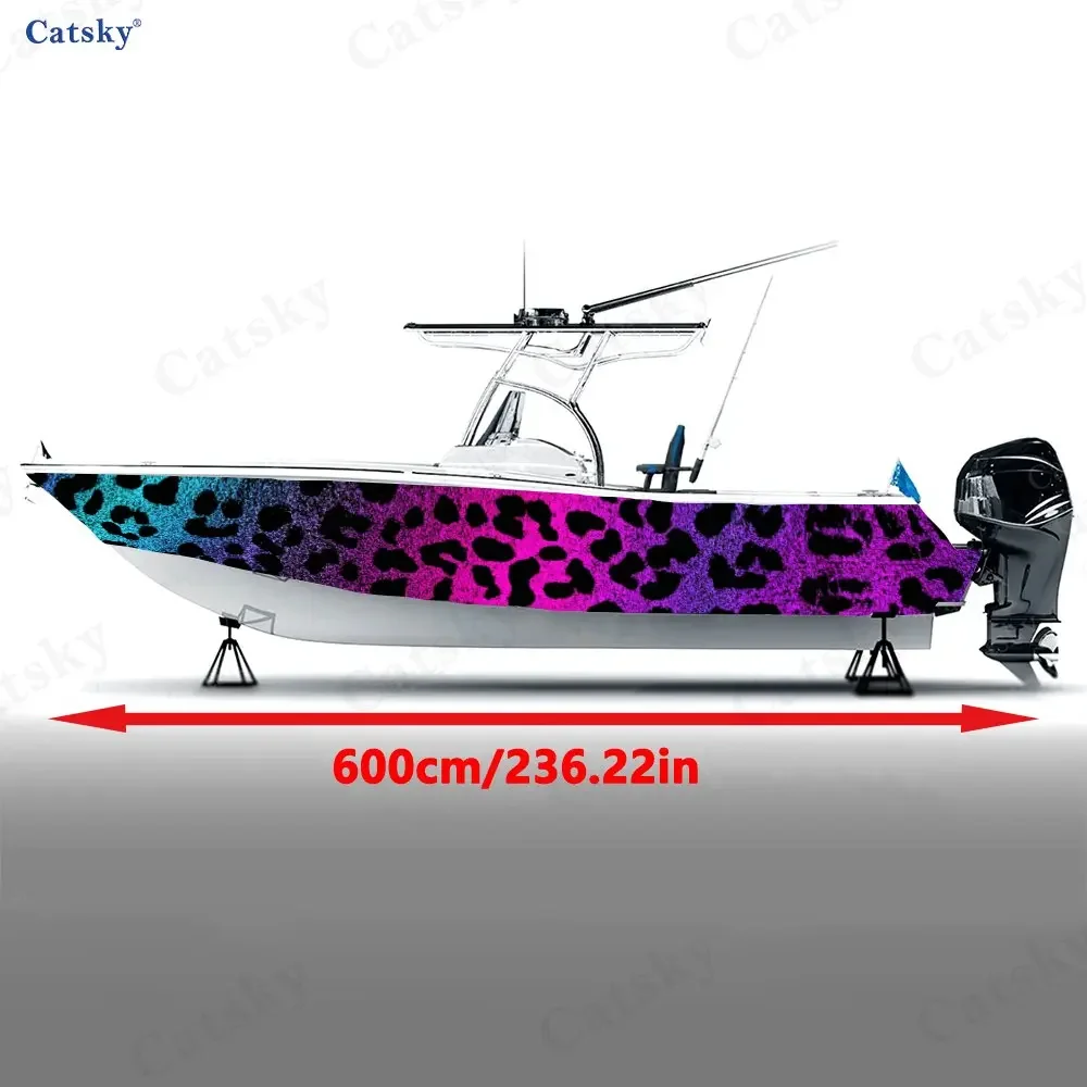 2Pcs Iridescent Leopard Print Boat Stickers, PVC Waterproof Vinyl Wrap Decals for Fishing Boats, Durable and Stylish Design