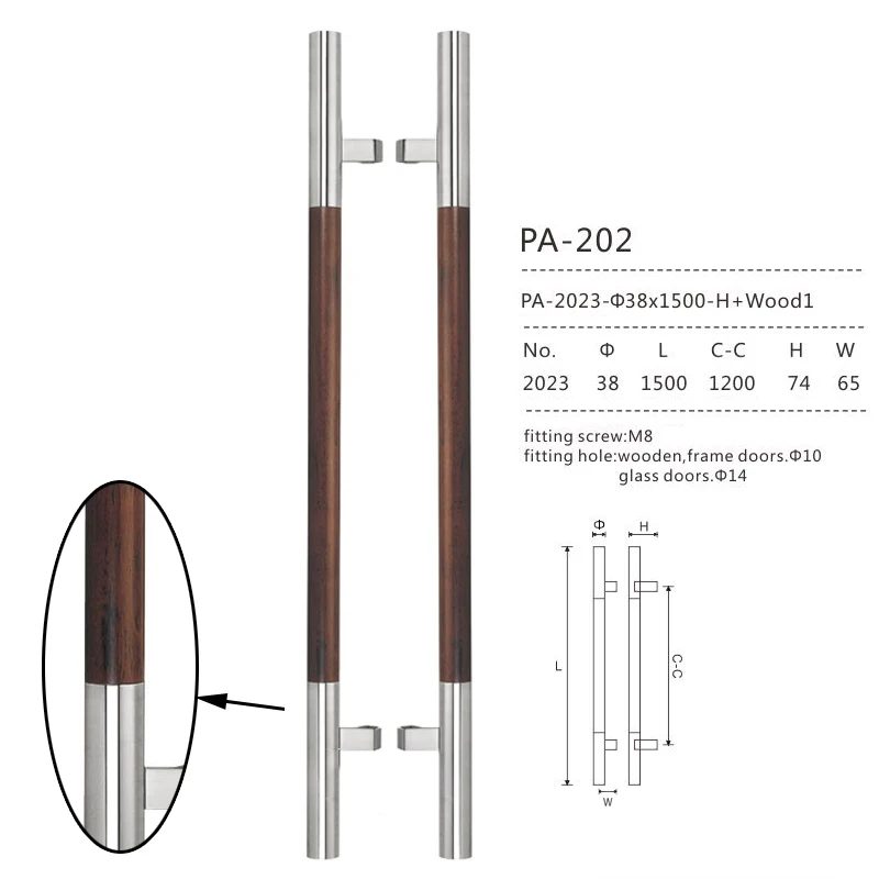 1500mm Offset Round Bar Entrance Door Handle 304 Stainless Steel Plus Solid Wood Pull Handles For All Kinds of Doors PA-202