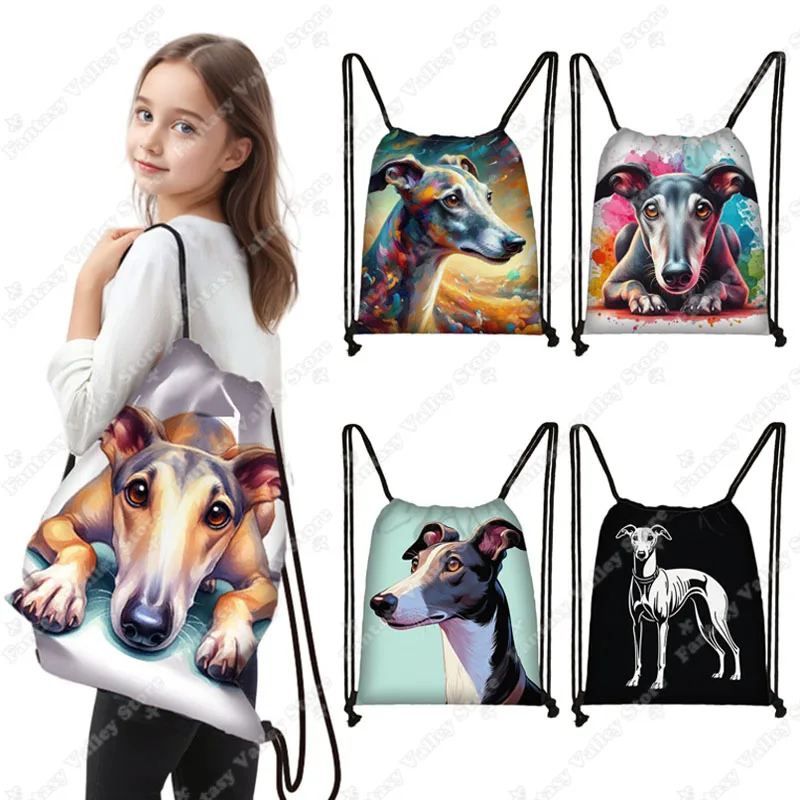 Greyhound Dog Print Backpacks Watercolor Greadog Children Drawstring Bag Outdoor Shoulder Bag for Travel Shoes Storage Bags Gift
