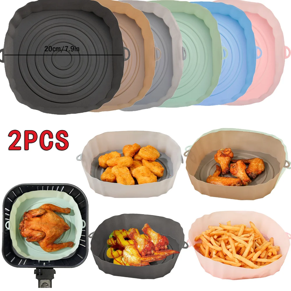 

2pcs Air Fryer Pan Silicone Basket Airfryer Oven Baking Silicone Tray Reusable Airfryer Pot Pan Liner Mold Pizza Fried Chicken