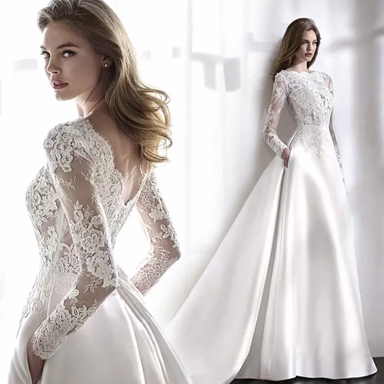 White Lace Wedding Dress Women Long Sleeve Illusion Bateau Neck V Back Satin A Line Bridal Gown With Pockets Train Customized
