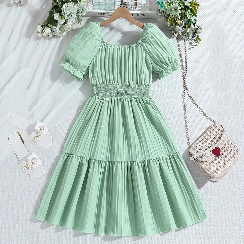 Girl's Light Green Dress New Square Neck Short Sleeved Princess Style Dress